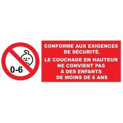 Autocollant couchage en hauteur interdit aux enfants de moins de 6 ans